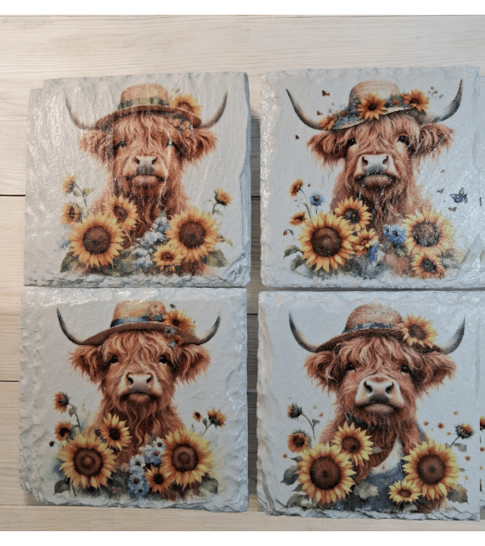 Highland Cow Decoupaged Slate Coaster Set of 4