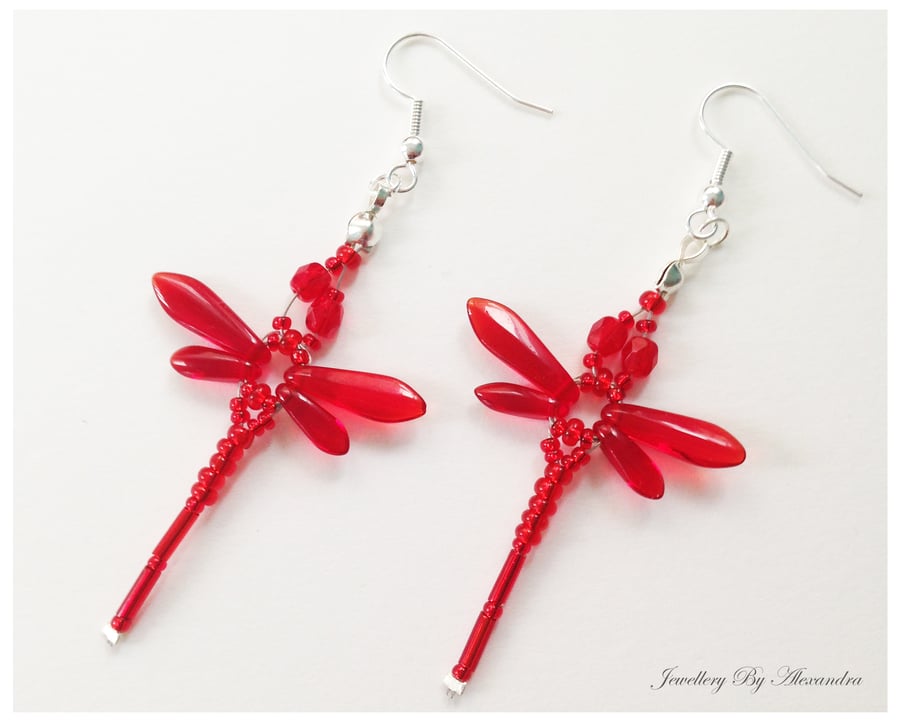 Beaded Dragonflies Earrings – Red or Ruby