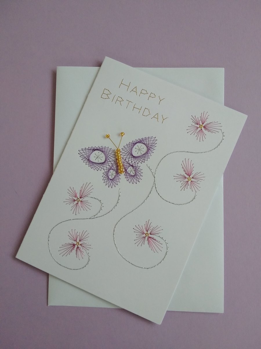 Hand Embroidered Beaded Butterfly Birthday Card.