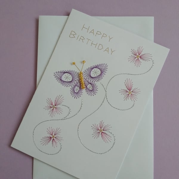 Hand Embroidered Beaded Butterfly Birthday Card.