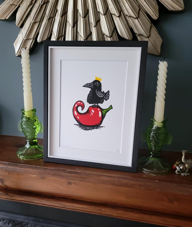 The Chilli King - handmade original linocut crow bird art print