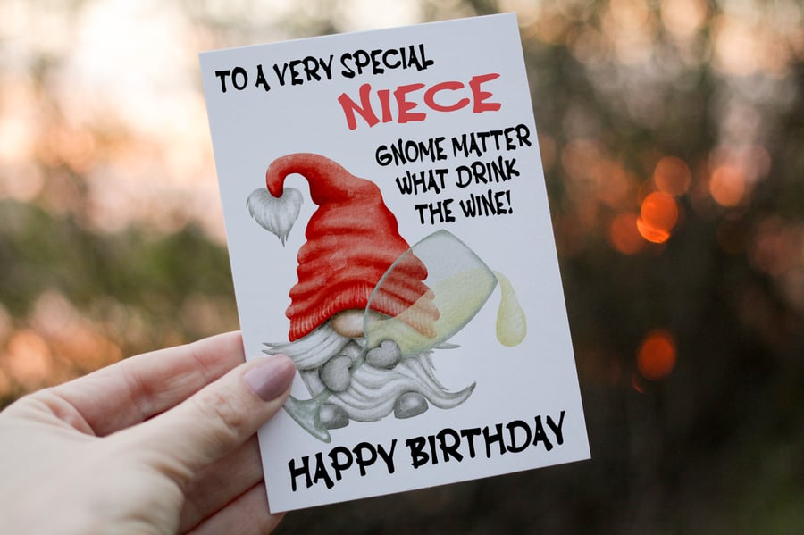 Special Niece Drink The Wine Gnome Birthday Card, Gonk Birthday Card