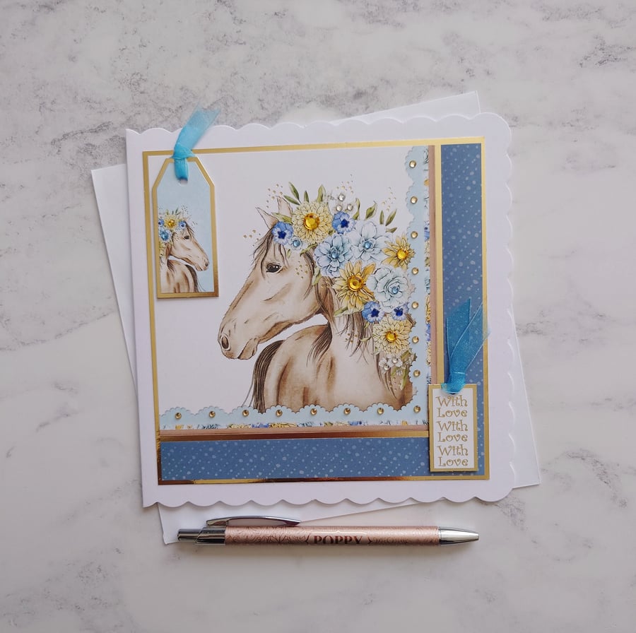 With Love Horse Flowers 3D Luxury Handmade Card