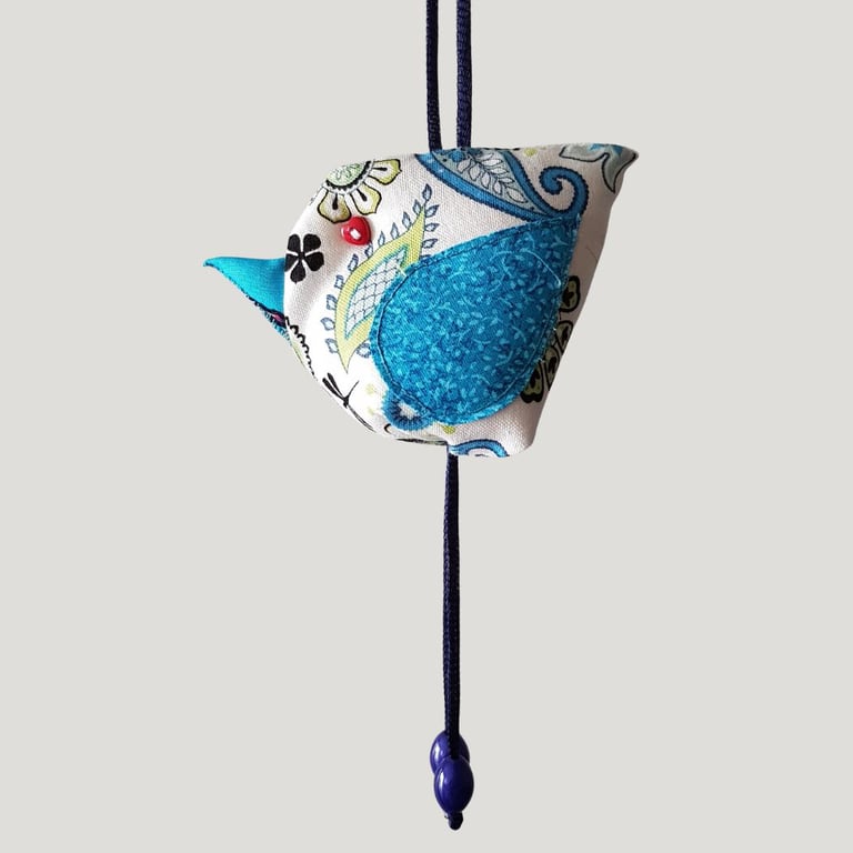 Blue Floral Hanging Fabric Bird Ornament - Textile Bird Decoration