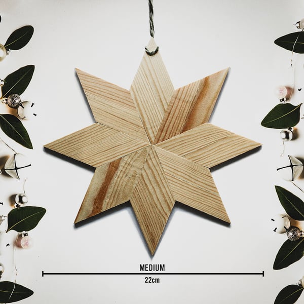 Medium Handmade Wood Xmas Star, Natural Pine, Scandi Style