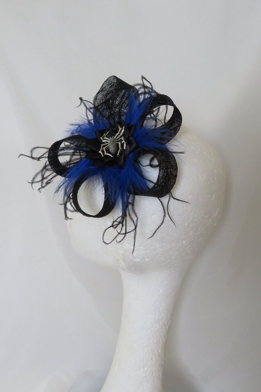 Black and Cobalt Royal Blue Feather Sinamay Spider Fascinator Hair Clip 