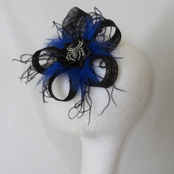 Black and Cobalt Royal Blue Feather Sinamay Spider Fascinator Hair Clip 