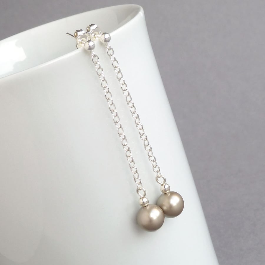 Long Champagne Dangle Earrings - Taupe Pearl Drop Earrings - Bridesmaids Gifts