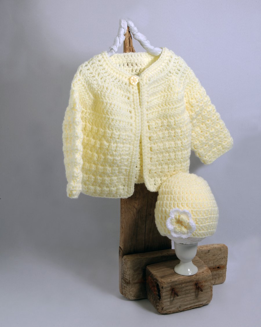 Baby Girl Cardigan and Hat, Handmade Heirloom Gift, Newborn  or 0 - 3 Months