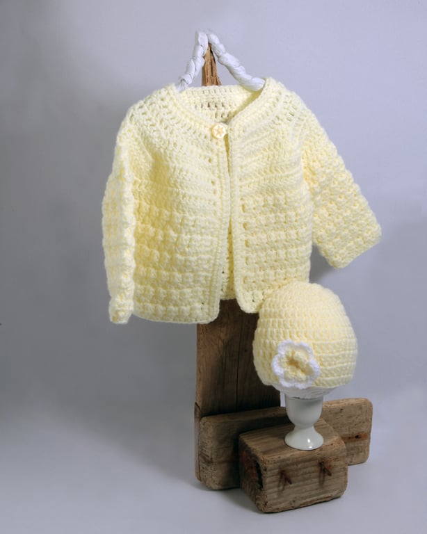 Baby Girl Cardigan and Hat, Handmade Heirloom Gift, Newborn  or 0 - 3 Months