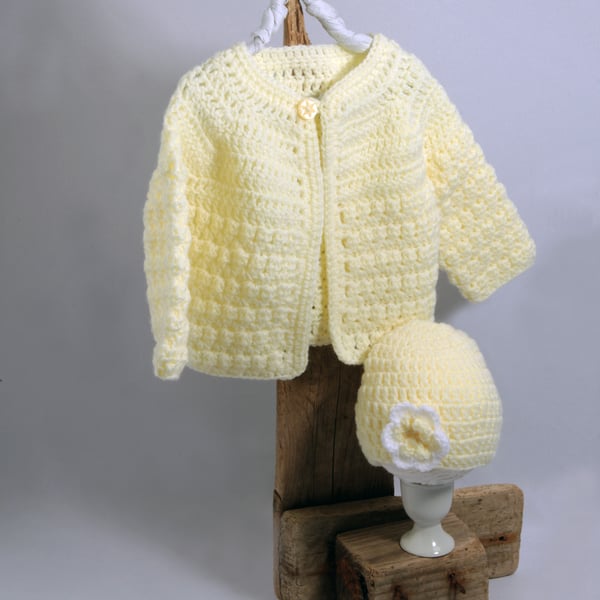 Baby Girl Cardigan and Hat, Handmade Heirloom Gift, 0 - 3 Months