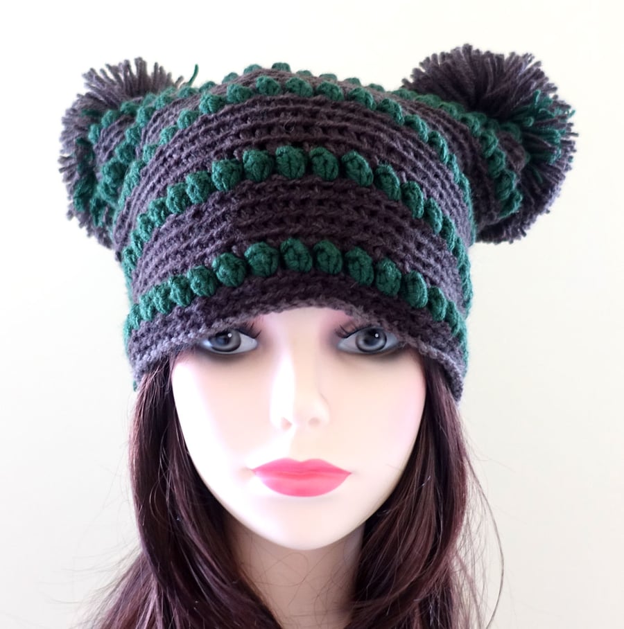 Beanie Hat Hand Crochet Brown and Green Double Pom Pom Quirky Fun Headwear