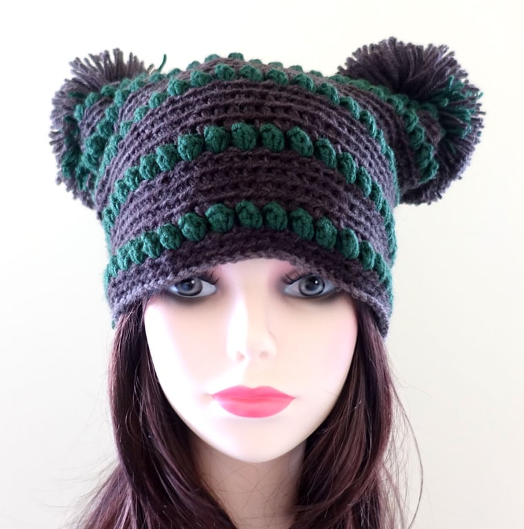Beanie Hat Hand Crochet Brown and Green Double Pom Pom Quirky Fun Headwear