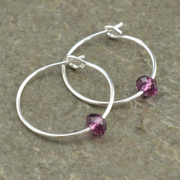 Boho 4mm Purple "Amethyst" Swarovski Crystal 15mm Sterling Silver Hoop Earrings