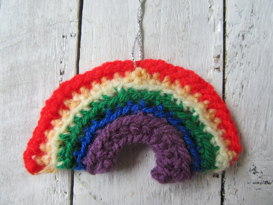 Crochet rainbow hanging decoration, colourful Christmas decoration