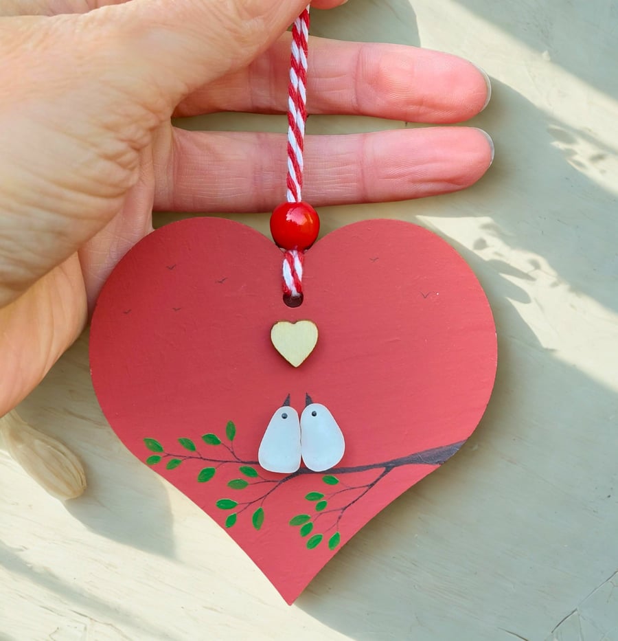Sea Glass Lovebirds Heart, Handmade Wedding & Engagement Keepsake, Romantic Gift