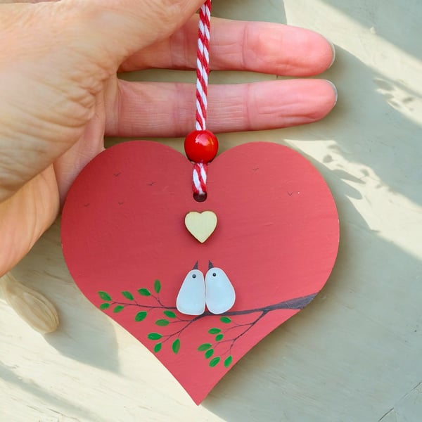 Sea Glass Lovebirds Heart, Handmade Wedding & Engagement Keepsake, Romantic Gift