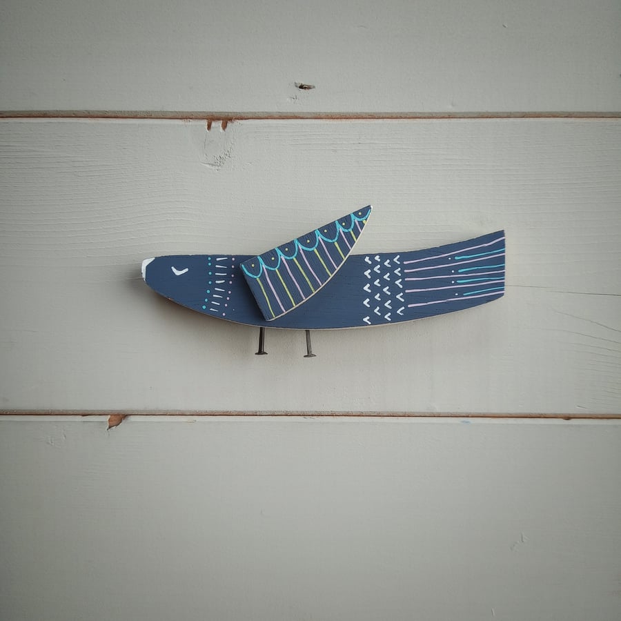 Navy Folky Bird Decoration, Handmade Wooden Bird, Reclaimed Wood, Low Waste