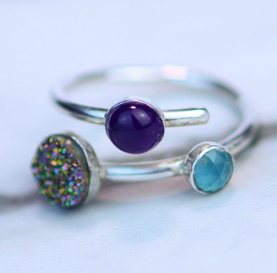 Druzy, chalcedony & amethyst ring