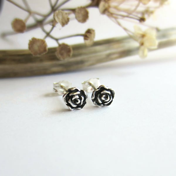 Silver Rose Stud Earrings - Oxidised Fine Silver - June Birth Flower