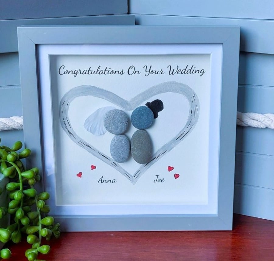 Wedding Gift, Engagement Gift, Personalised Pebble Art, Framed Picture, Wedding