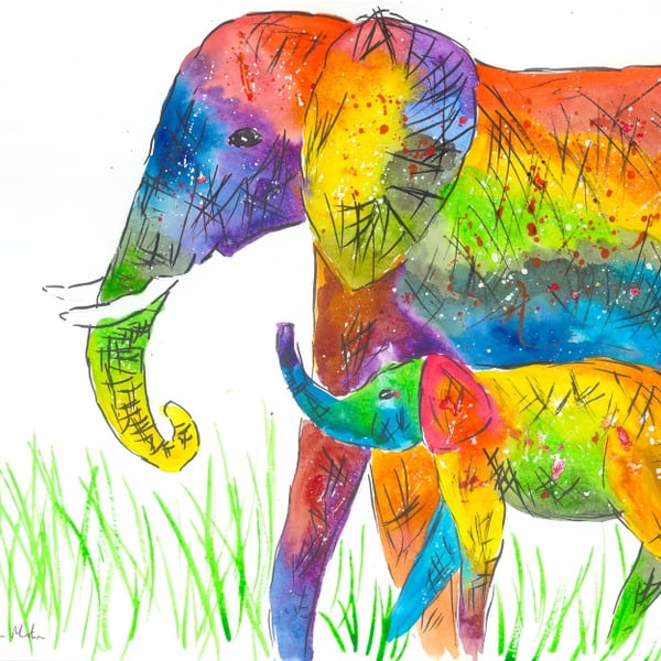 Colourful Elephants Greeting card 5" x 7" "Colourful Calf Love"