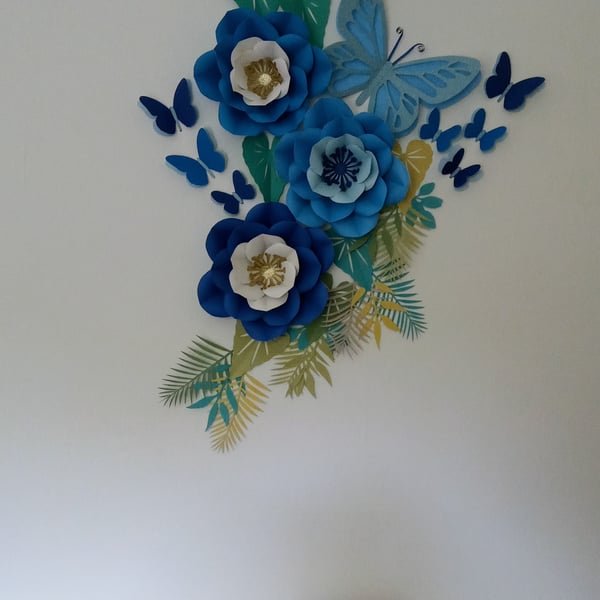 Blue Butterflies and Flowers Papercraft Wall Art