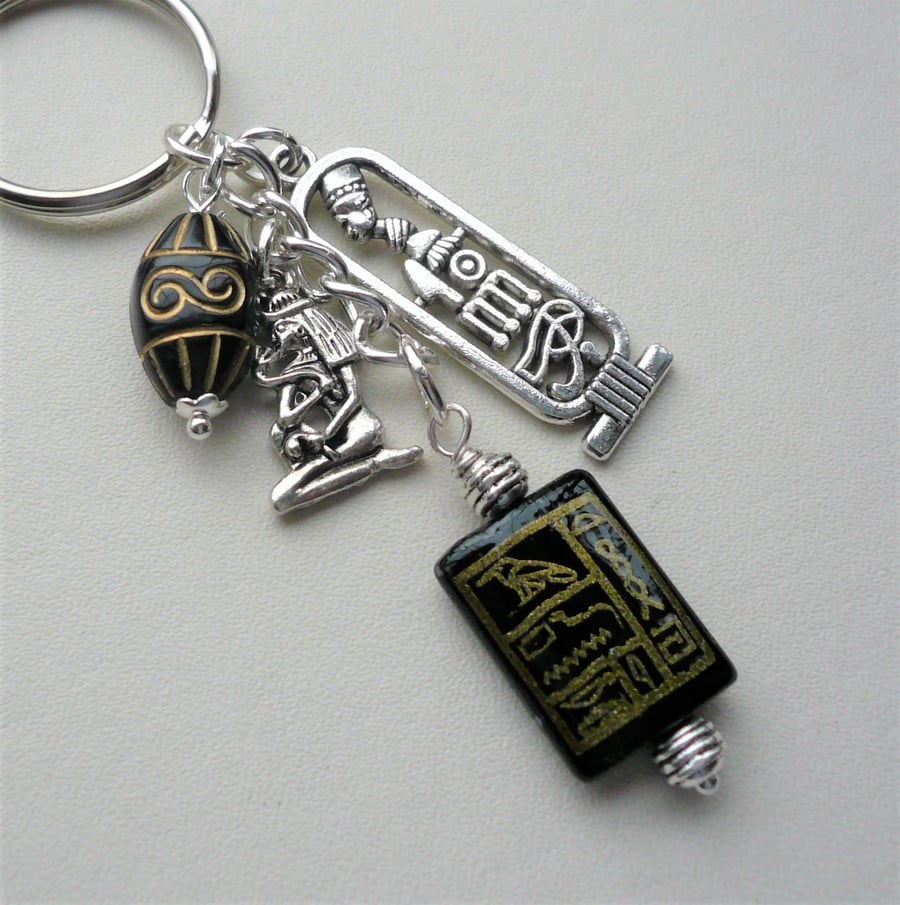 Black Gold Agate Bead Silver Egyptian Cartouche Cleopatra Keyring Bag Charm 2625
