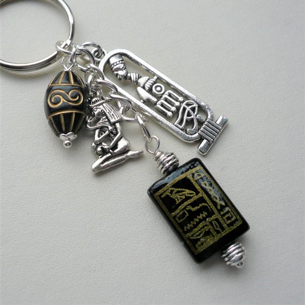 Black Gold Agate Bead Silver Egyptian Cartouche Cleopatra Keyring Bag Charm 2625