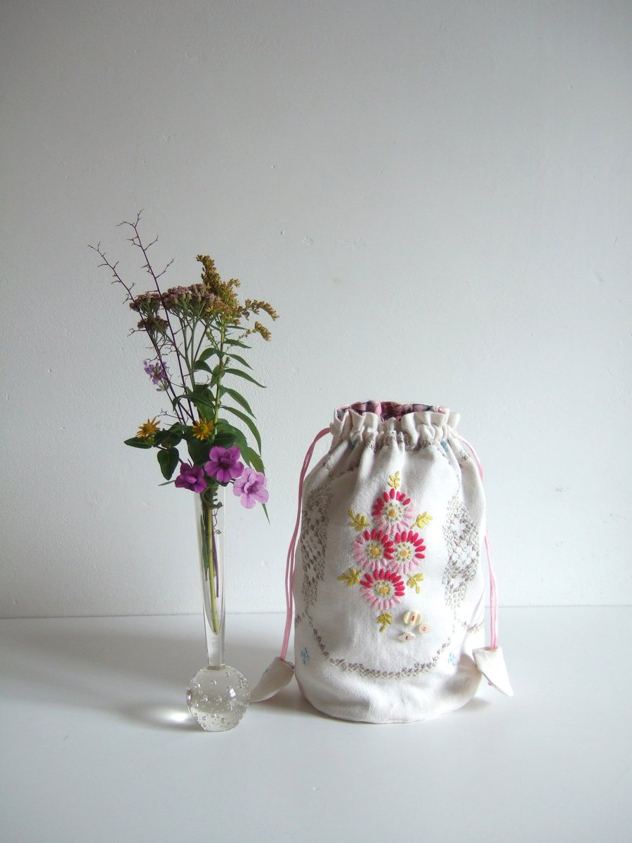 Craft drawstring or dolly bag in a vintage floral embroidery