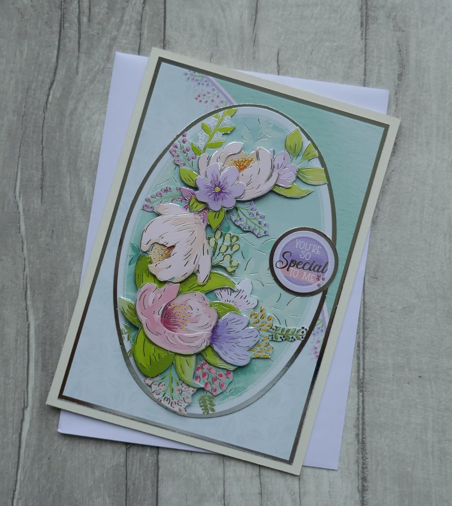 Flourishing Florals - Pink and Lilac Decoupage Flowers - Blank Greetings Card
