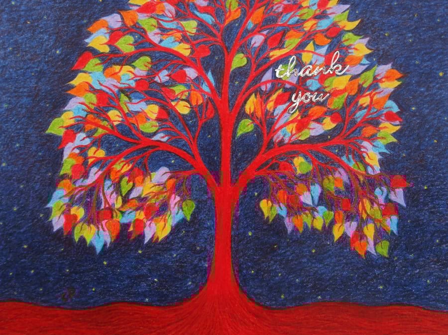 Thank You Card, Rainbow Tree Card, Teacher Thank You Card, Tree of Life Art
