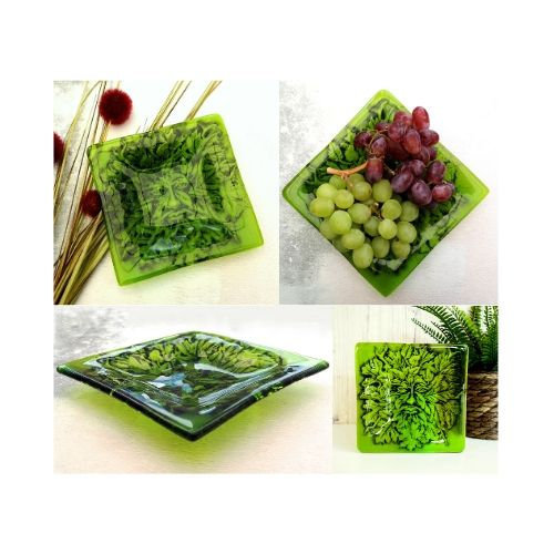 Handmade Fused Glass Greenman Square Bowl - Green Man Decorative Dish - Ash Tray