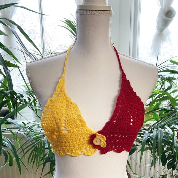 Yellow-red colors woman beach summer top Crochet bikini top beach wear