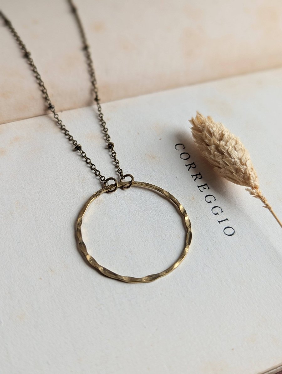 Textured Circle Necklace - golden raw brass with satellite chain, 1.25 inch hoop
