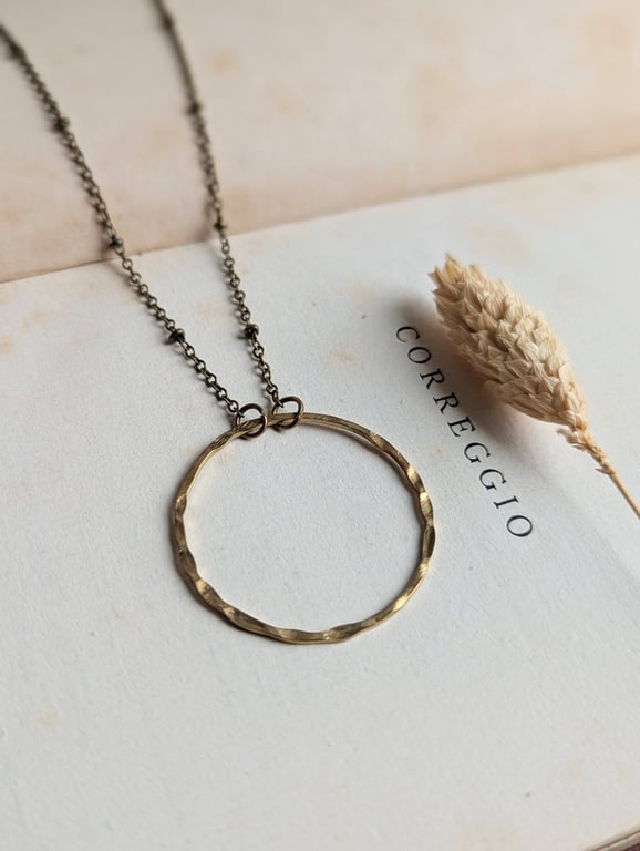 Textured Circle Necklace - golden raw brass with satellite chain, 1.25 inch hoop