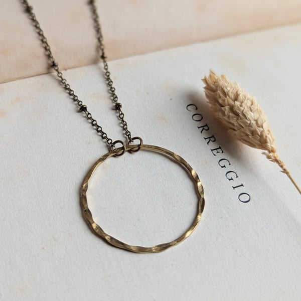 Textured Circle Necklace - golden raw brass with satellite chain, 1.25 inch hoop