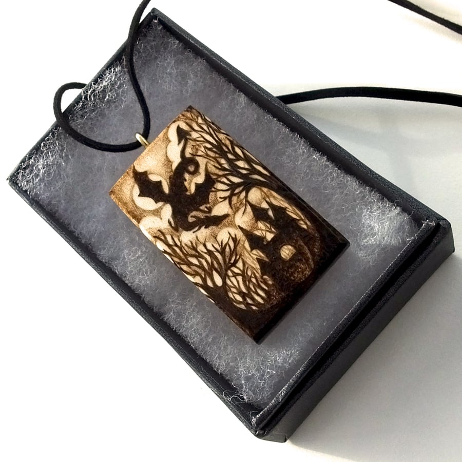 The Fairytale Dragon, Wooden Pyrography Dragon Castle Pendant Necklace 