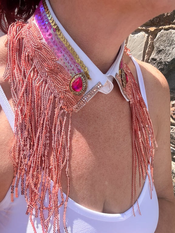 White, Crystal  Deep Pink & Gold Removable Neckcessory Collar Festival Fashion