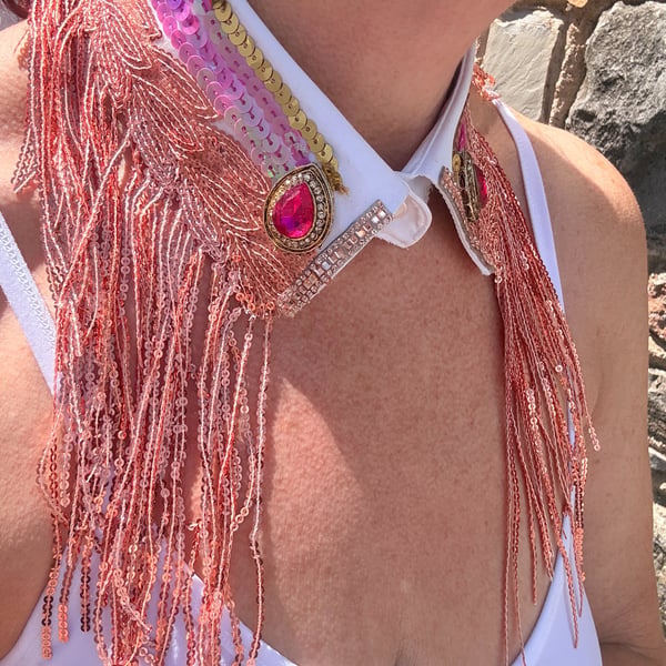 White, Crystal  Deep Pink & Gold Removable Neckcessory Collar Festival Fashion