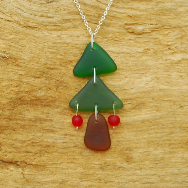 Christmas tree beach glass pendant with balls