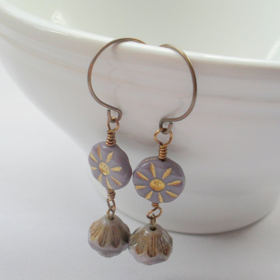 Lilac Drop Earrings With Czech Glass Beads Vintage Earrings