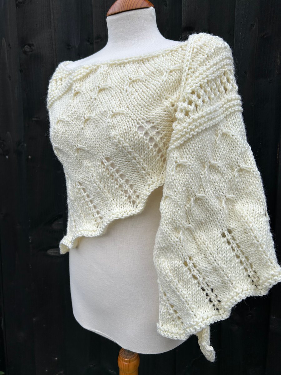 Milky white soft alpaca mix yarn hand knitted triangle lace shawl wrap