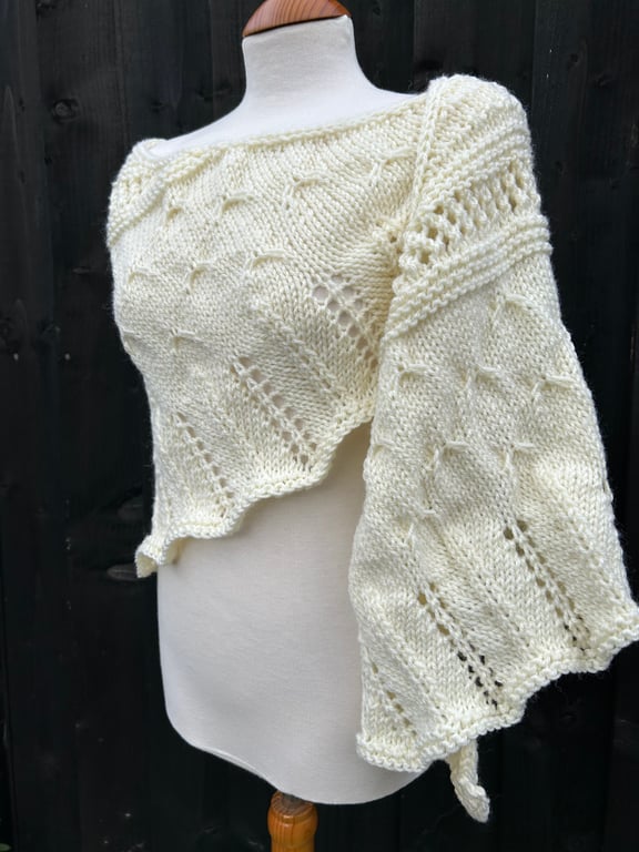 Milky white soft alpaca mix yarn hand knitted triangle lace shawl wrap