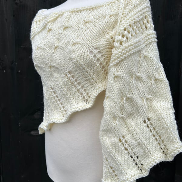 Milky white soft alpaca mix yarn hand knitted triangle lace shawl wrap