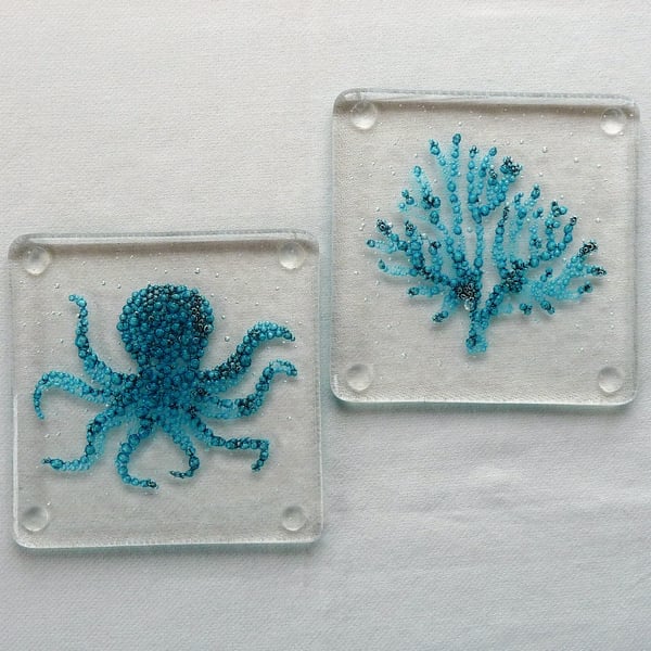 Octopus and Coral blue bubble fused glass coasters. Set of two