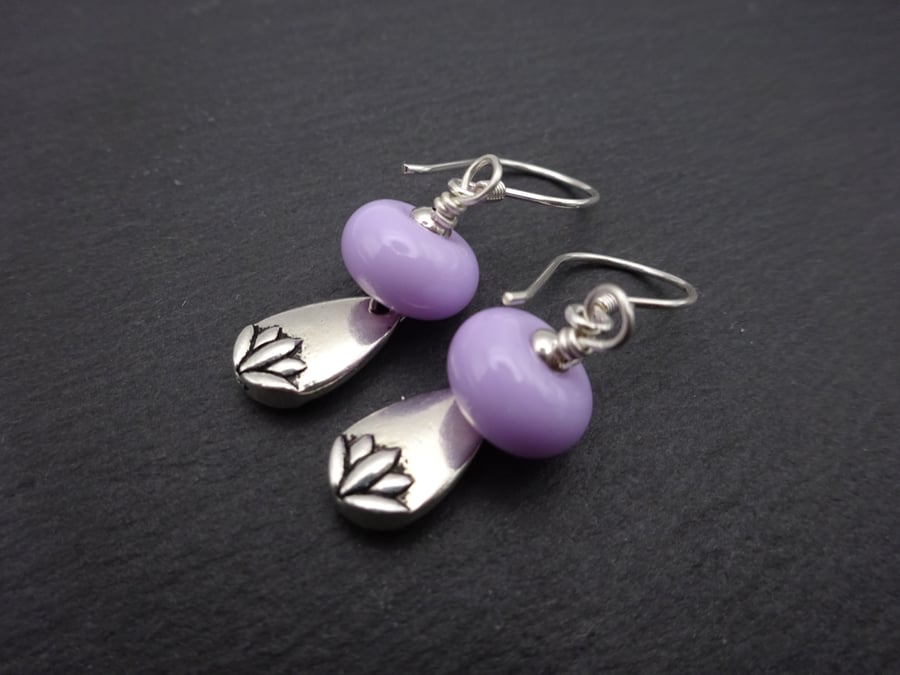 lampwork glass earrings, lilac lotus jewellery
