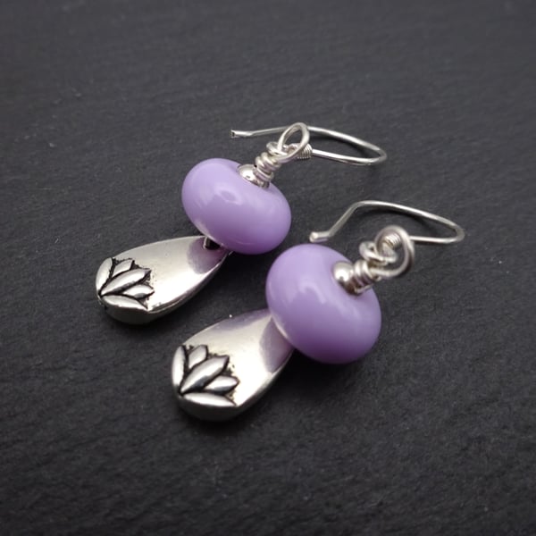 lampwork glass earrings, lilac lotus jewellery