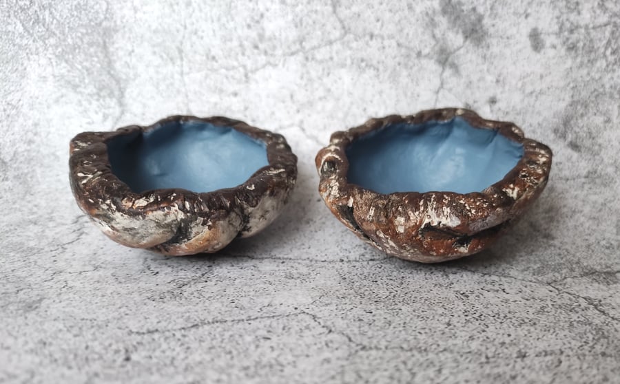Clay Silver Birch Bark Bowls, Storm Blue, Rustic Offering Bowls, Wabi Sabi Decor