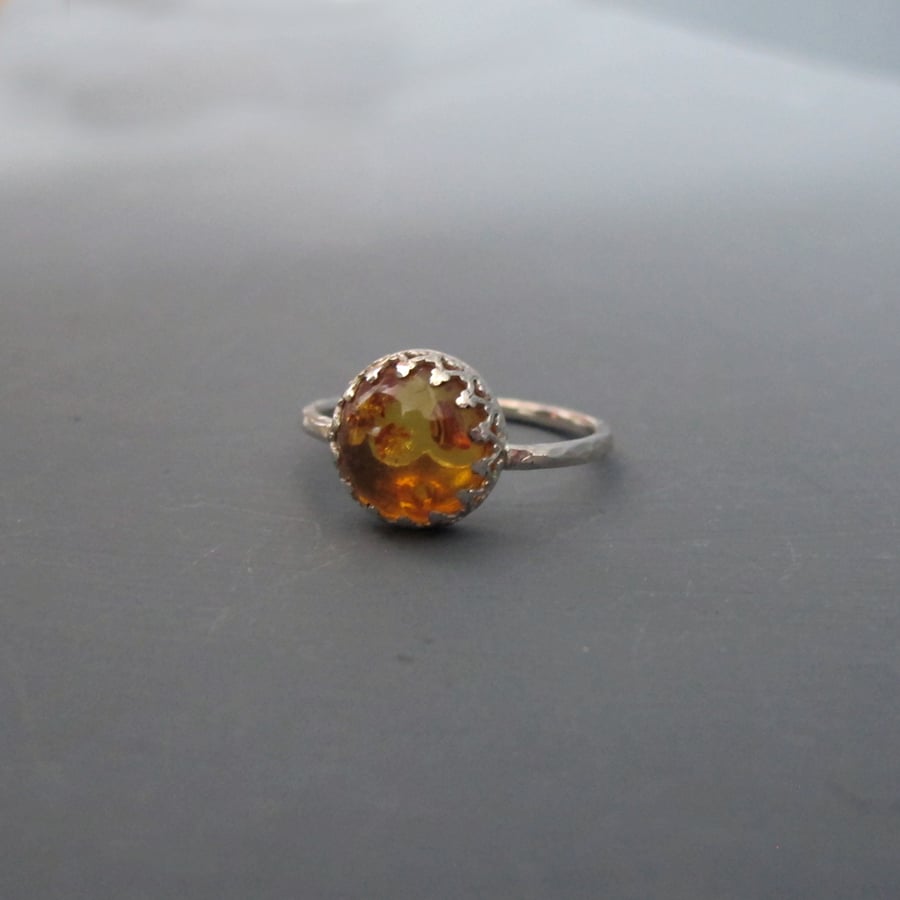 Amber & Sterling Silver Hidden Heart Ring - Size L